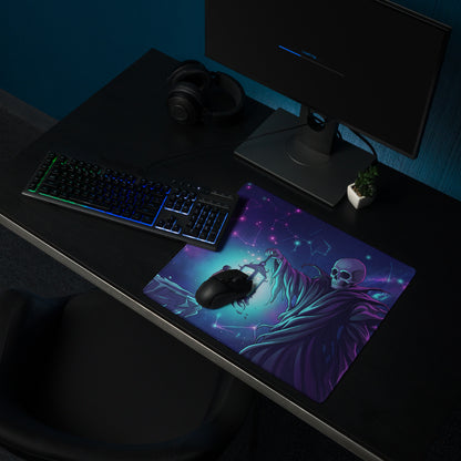 Purple and teal cosmic-themed neon skull vaporwave gaming mouse pad with skeletal figure and starry night design