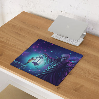 Neon skull vaporwave mouse pad with vivid cosmic skeletal design in purple and teal for moody neon desk setups