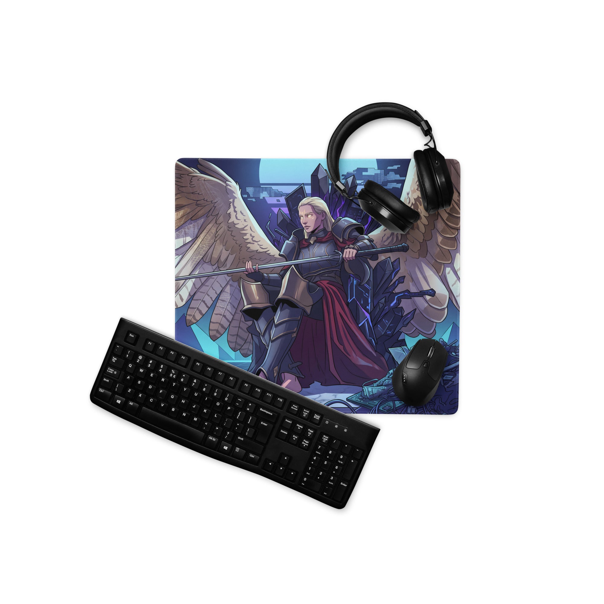 Black gaming mousepad featuring an illustrated armored angel with wings and sword against a dark blue cityscape