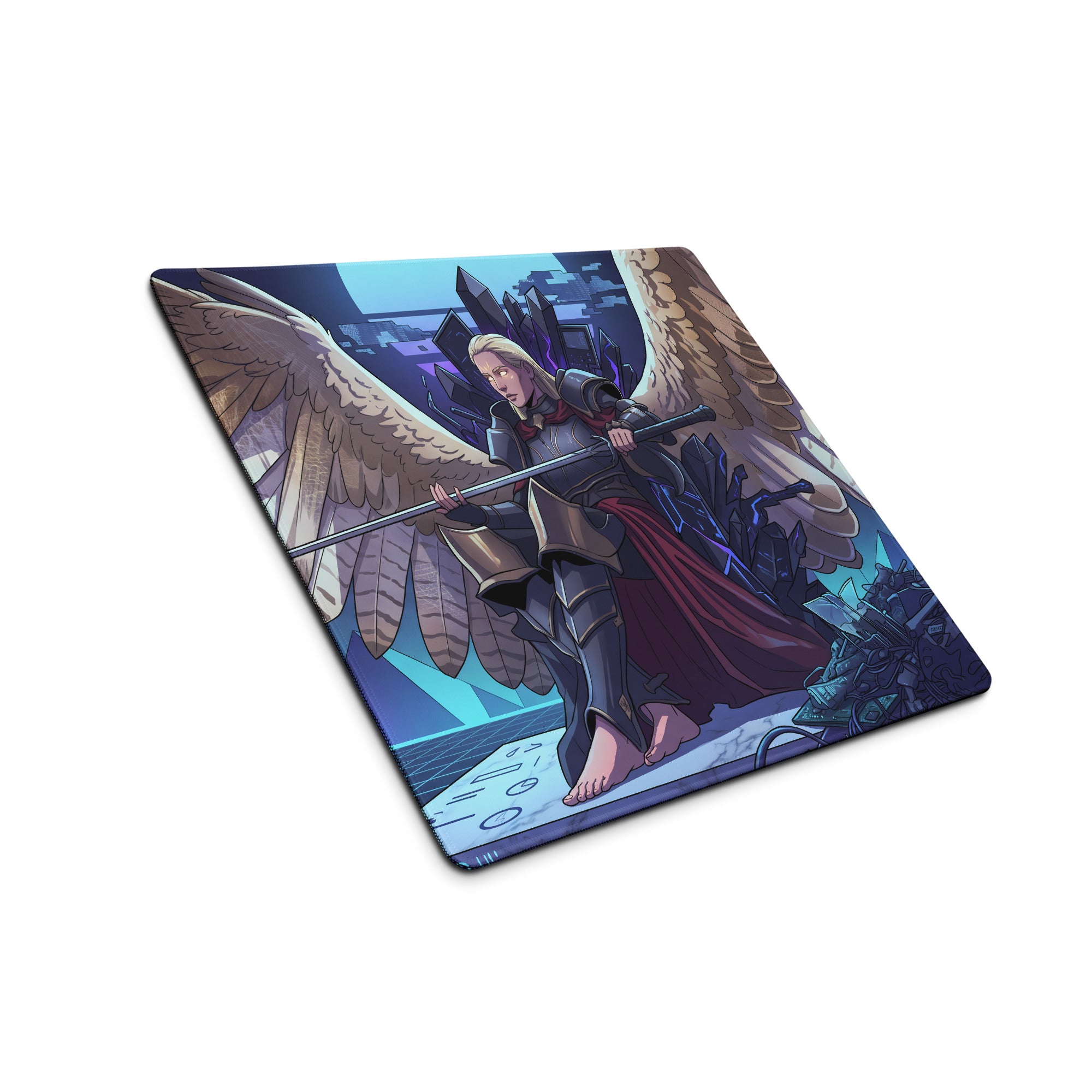 Rectangular vaporwave angel flight mouse pad with illustrated angelic warrior in dark armor and neon purple blue pink hues