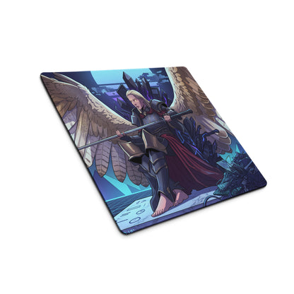 Rectangular vaporwave angel flight mouse pad with illustrated angelic warrior in dark armor and neon purple blue pink hues