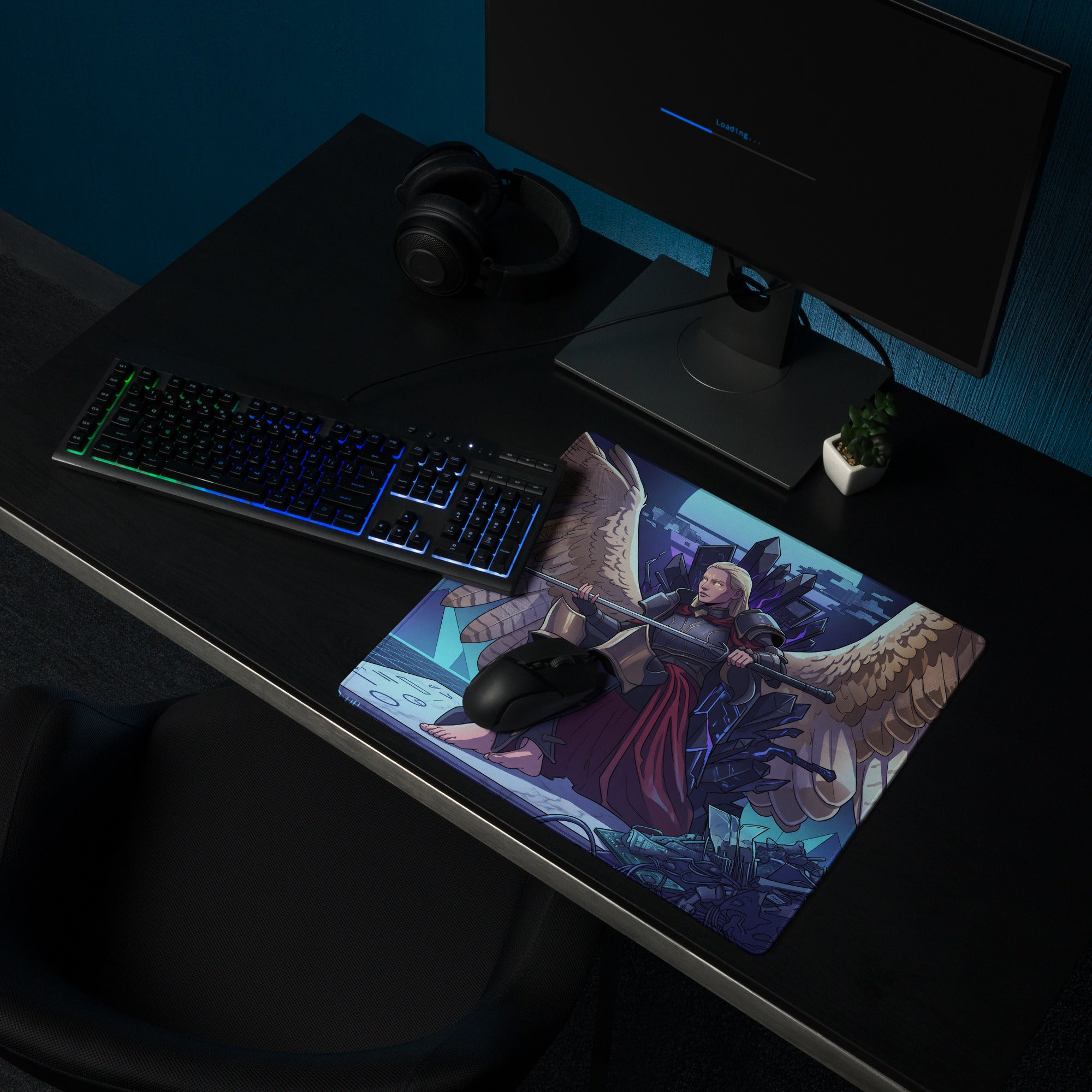 Rectangular vaporwave angel flight gaming mousepad with purple blue pink angel wings and dark cityscape design