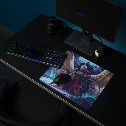 Rectangular vaporwave angel flight gaming mousepad with purple blue pink angel wings and dark cityscape design