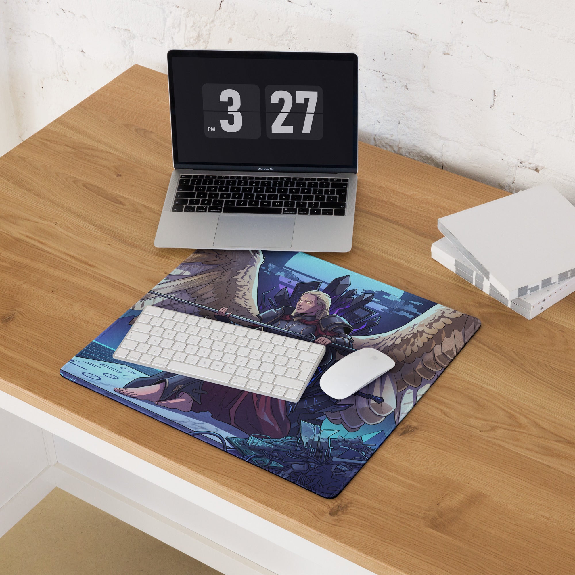Blue and purple vaporwave angel flight gaming mousepad with winged character design and neon grid retro futurism vibe