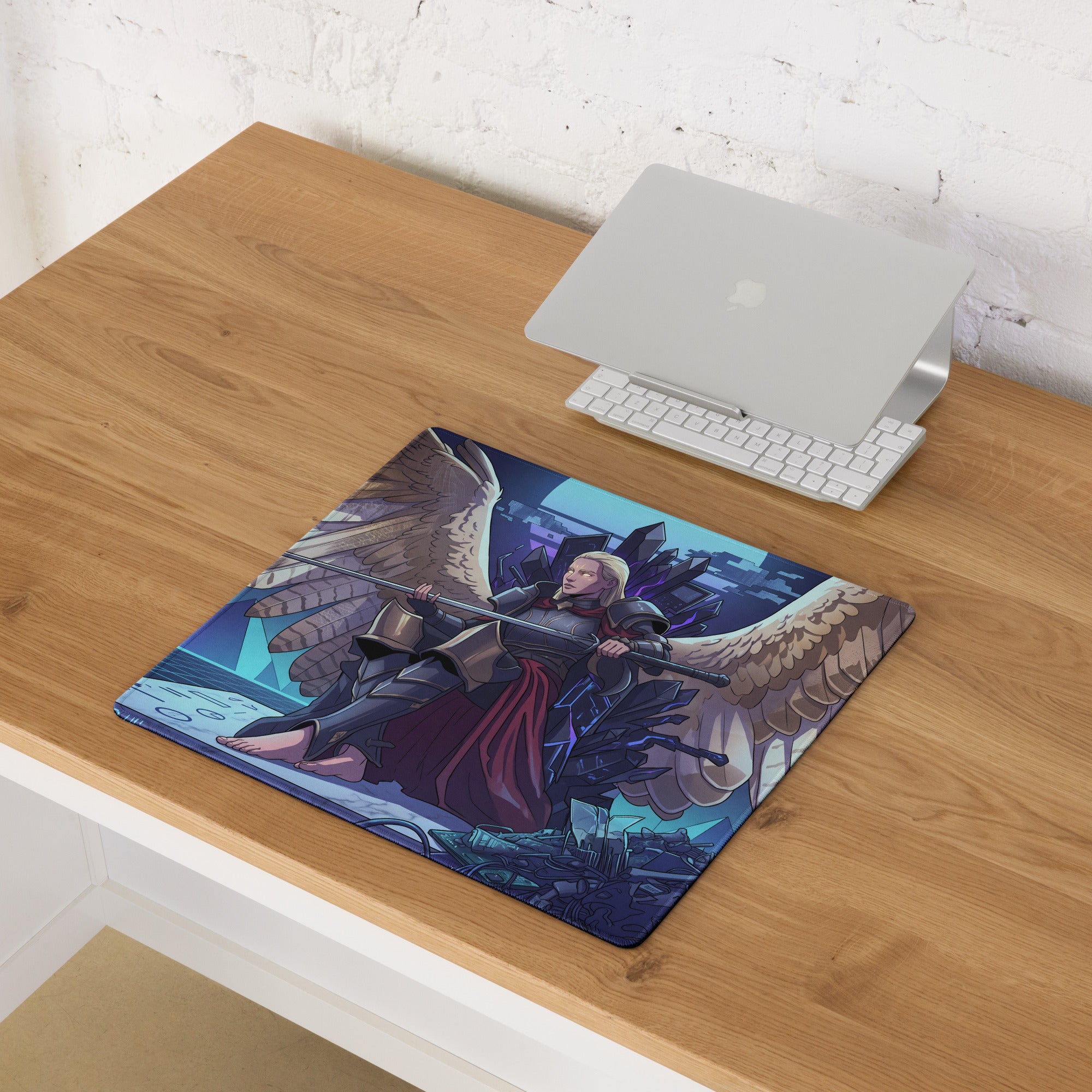 Rectangular vaporwave angel flight mouse pad with dark armor angel, wings, red cape, and purple blue neon cityscape design