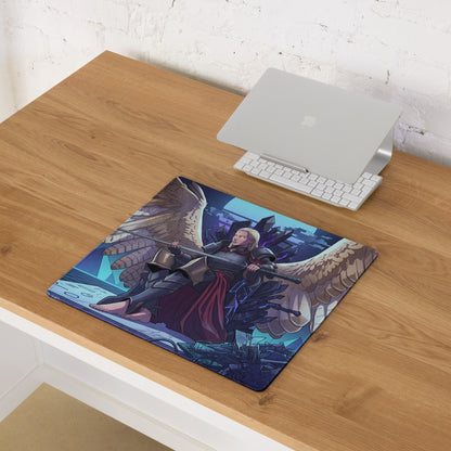 Rectangular vaporwave angel flight mouse pad with dark armor angel, wings, red cape, and purple blue neon cityscape design