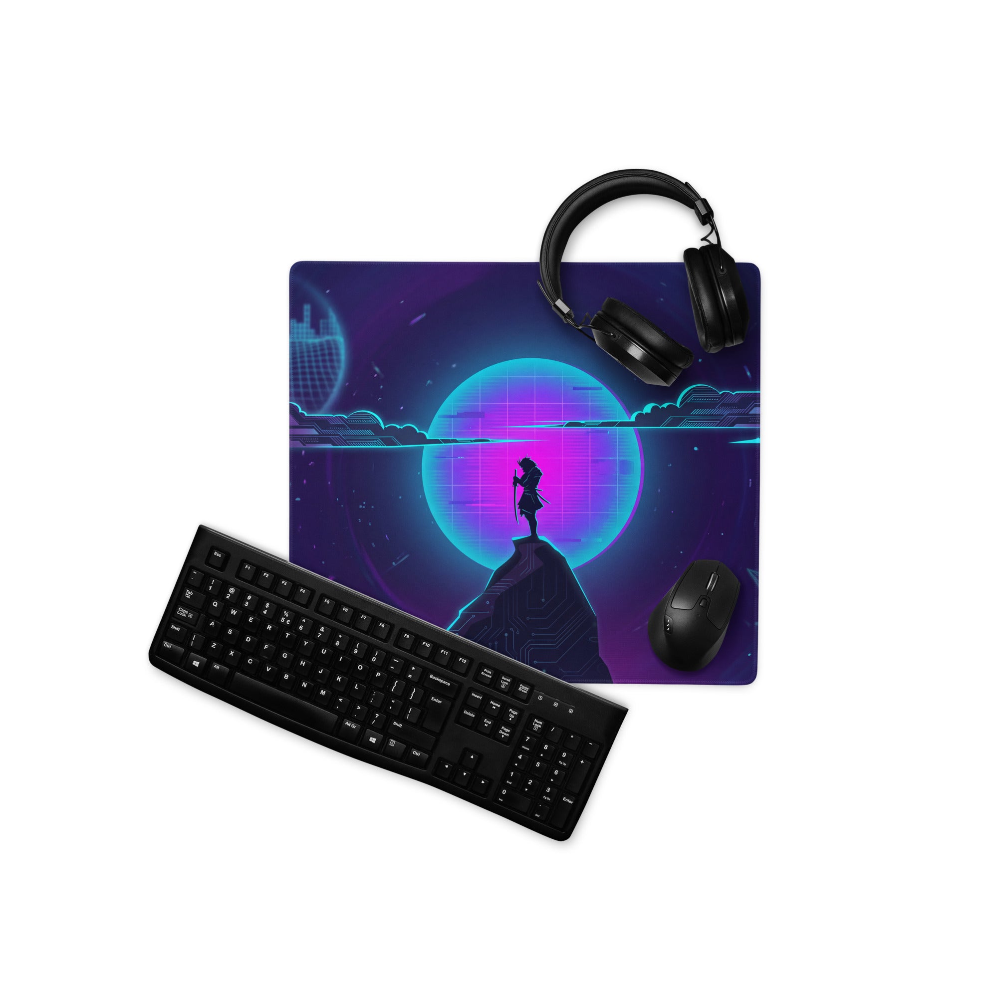 Vaporwave neon gaming mouse pad in purple and cyan featuring a retro-futuristic scene with a lone figure on a cliff