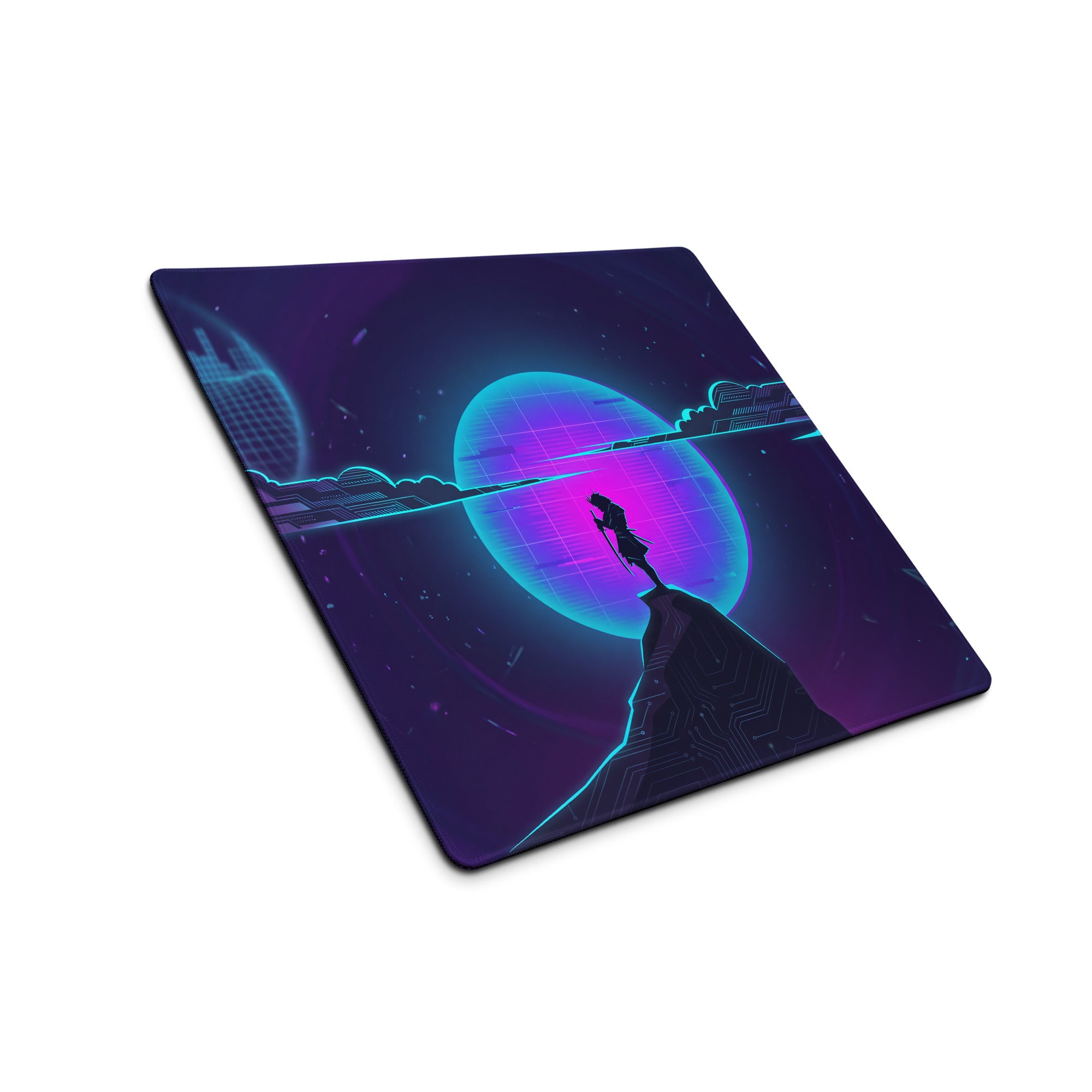 Neon purple and blue vaporwave gaming mouse pad with sci-fi silhouette and glowing planet design for large desk use