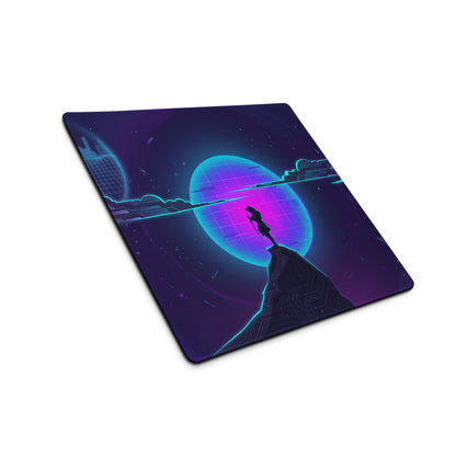 Neon purple and blue vaporwave gaming mouse pad with sci-fi silhouette and glowing planet design for large desk use