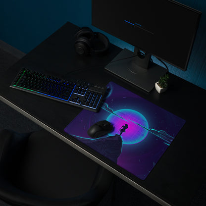 Vaporwave neon gaming mouse pad in purple and cyan with cosmic design and silhouette figure on large desk mat