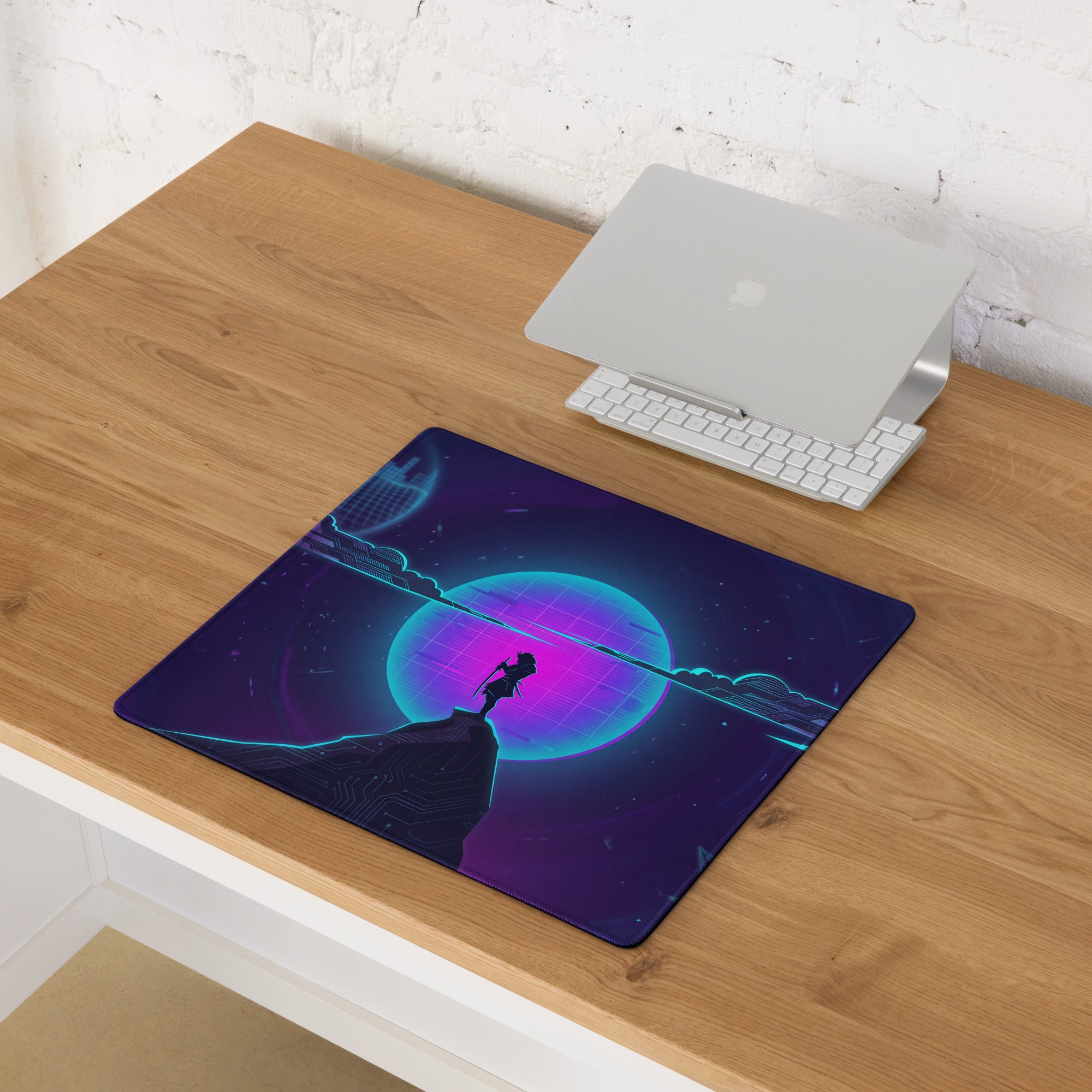 Navy blue vaporwave neon gaming mouse pad with vibrant purple cyan planet and cyberpunk silhouette design large desk mat