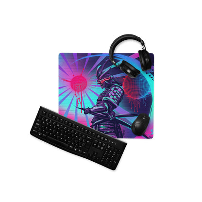 Neon-pink and cyan vaporwave neon dragon gaming mouse pad featuring a cyberpunk samurai with glowing red eyes and disco ball backdrop