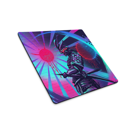 Vaporwave neon dragon pad gaming mousepad with futuristic black samurai and glowing red eyes on pink purple blue rays