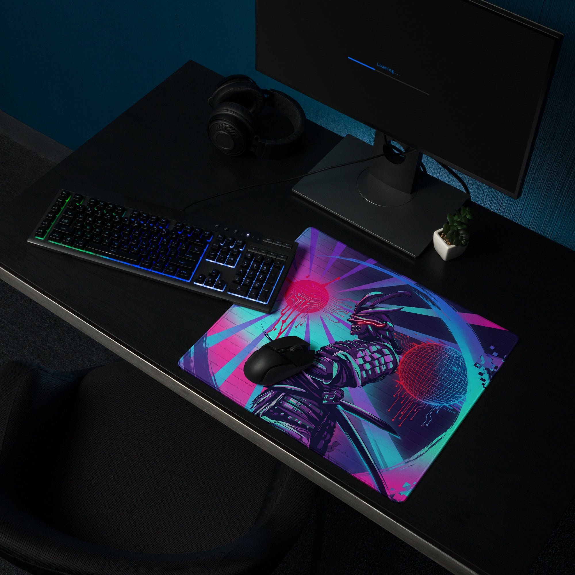 Vibrant neon-pink and cyan cyberpunk gaming mousepad with futuristic armored figure design for gaming desks