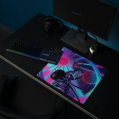 Vibrant neon-pink and cyan cyberpunk gaming mousepad with futuristic armored figure design for gaming desks
