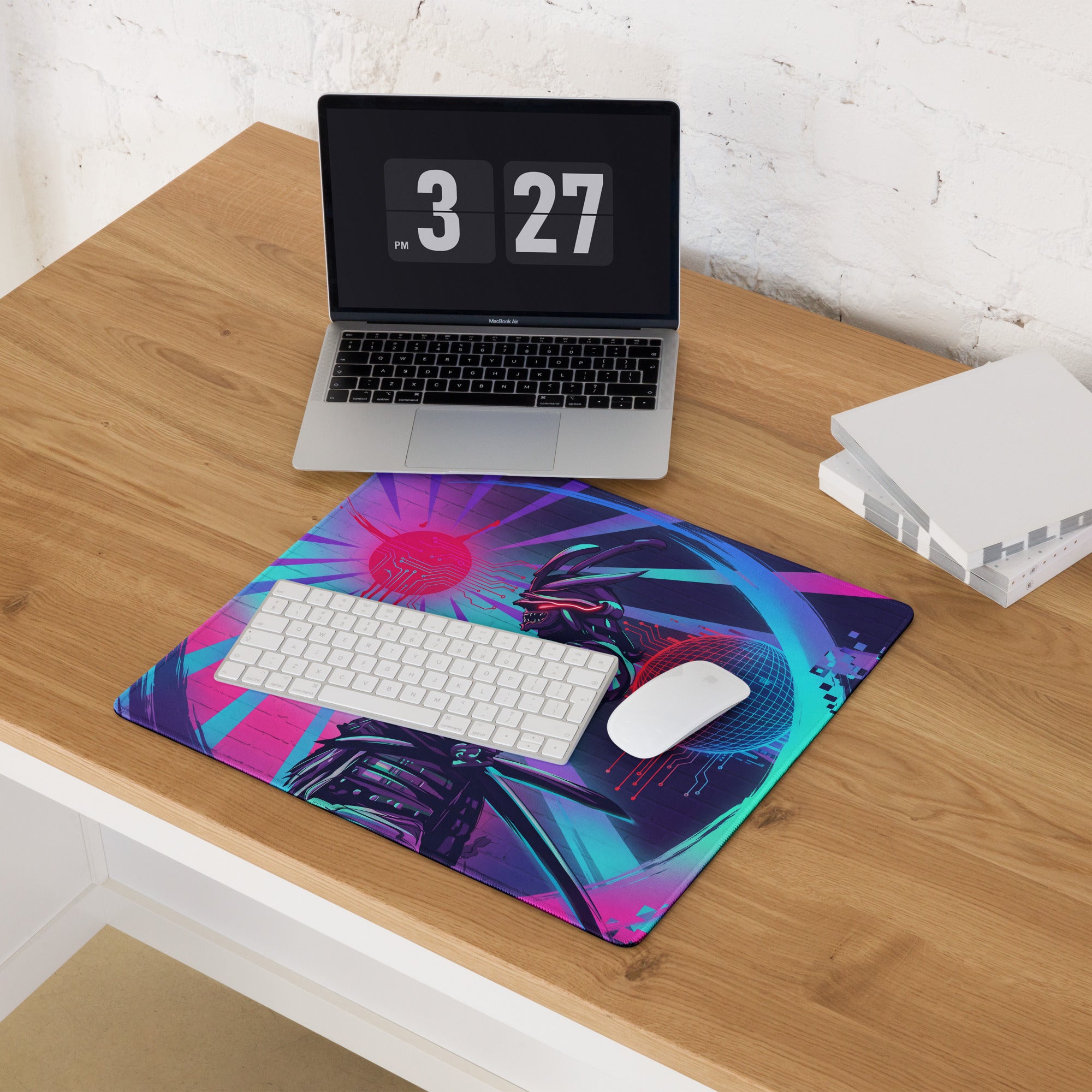 Vaporwave neon dragon mouse pad in vibrant neon pink and teal with a glowing red sunburst and mechanical details for gaming desks