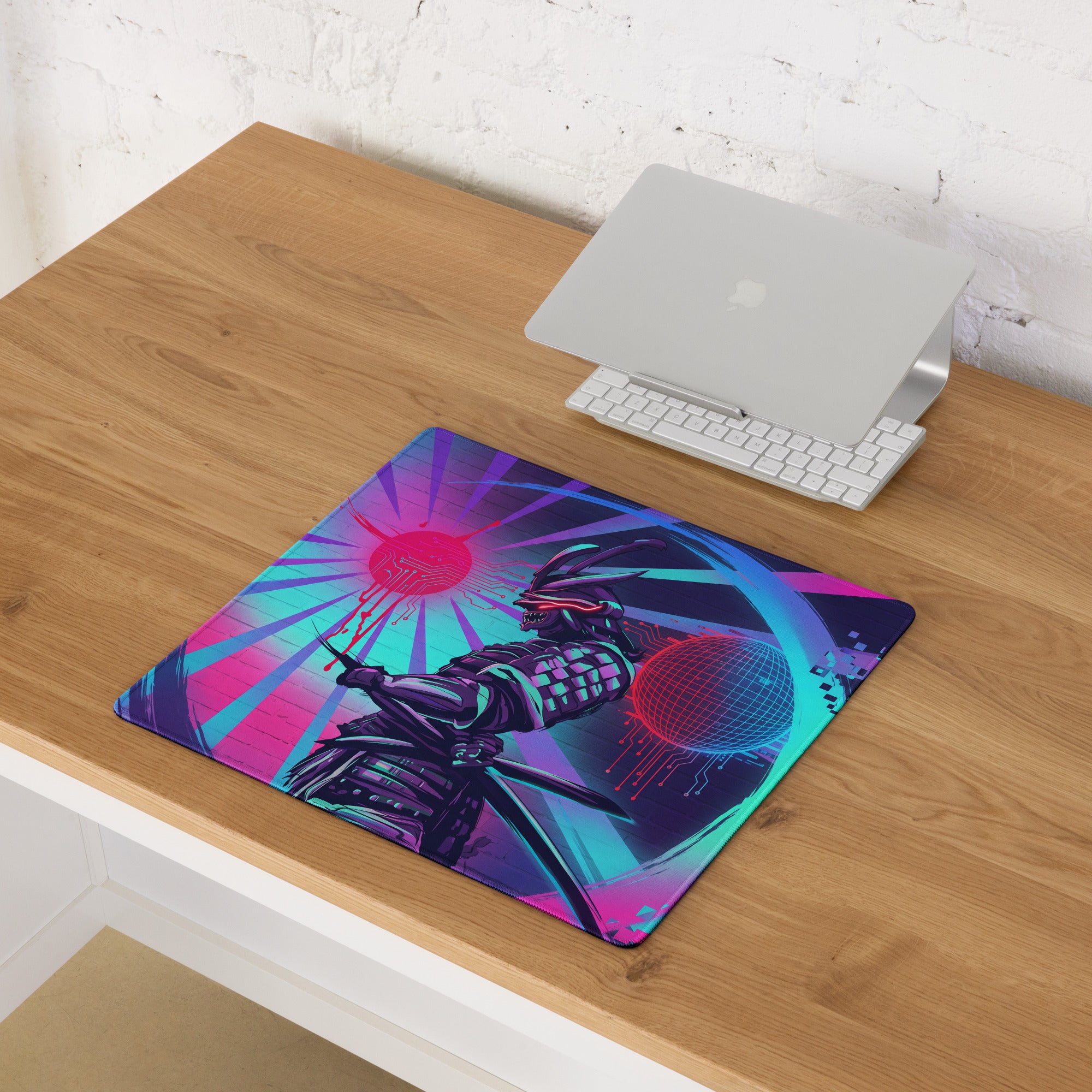 Vibrant neon pink and cyan cyberpunk mouse pad with futuristic samurai warrior design for gaming desks