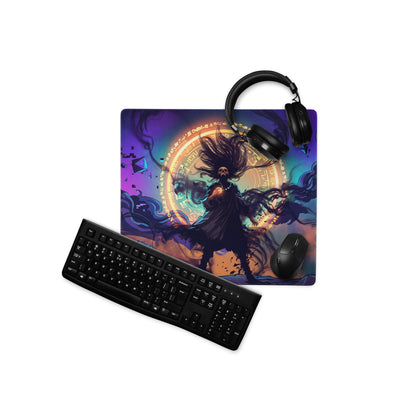 Vaporwave neon nightscape gaming mouse pad with vibrant purple gold design featuring a skeletal figure and ornate backdrop