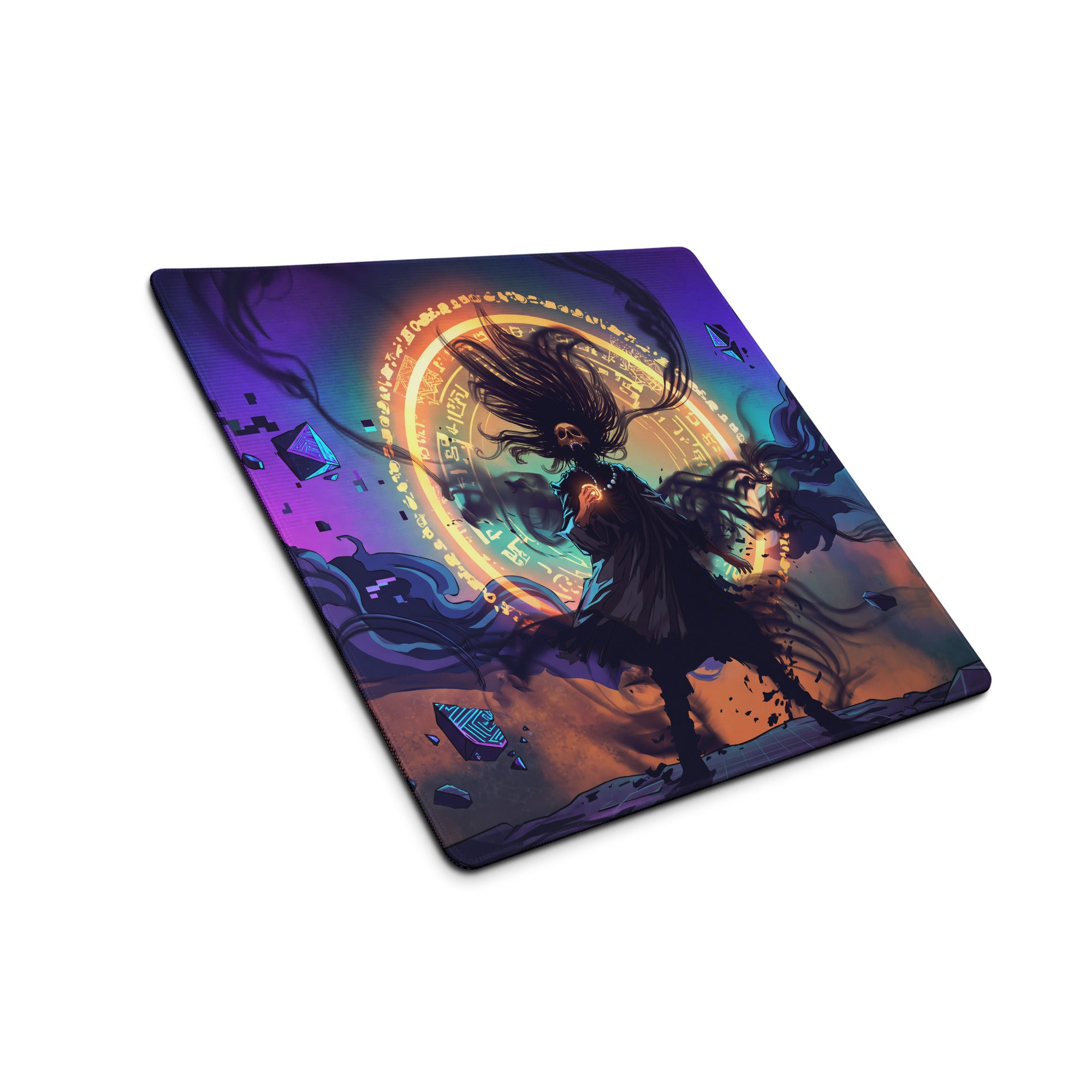 Vibrant vaporwave neon nightscape gaming mouse pad with dynamic dark hair figure and cosmic purple blue backdrop
