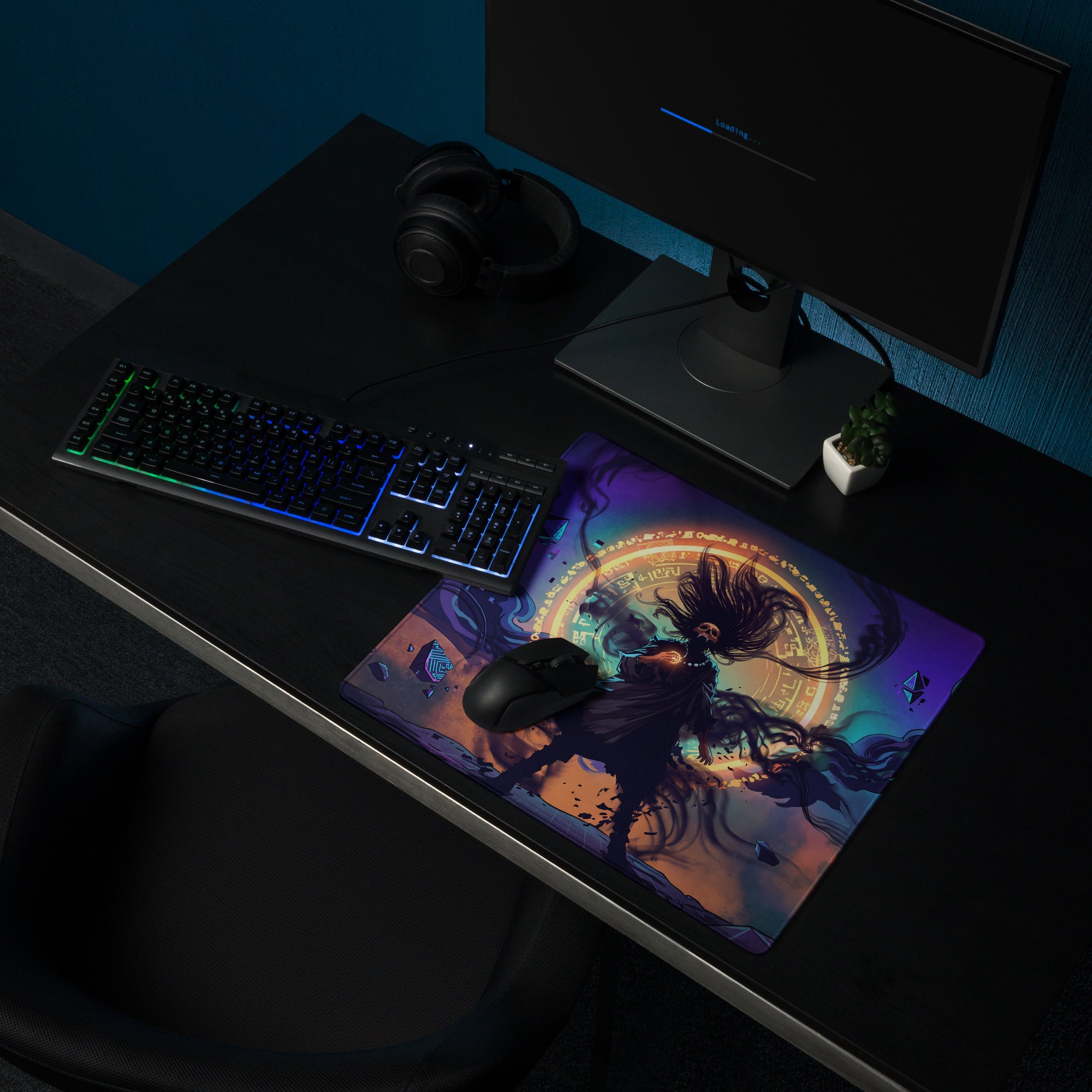 Vaporwave neon nightscape gaming mouse pad with vibrant dark-haired figure and ornate golden circle on purple blue surface
