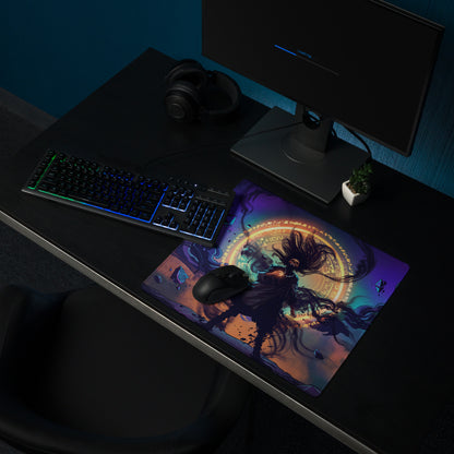 Vaporwave neon nightscape gaming mouse pad with vibrant dark-haired figure and ornate golden circle on purple blue surface