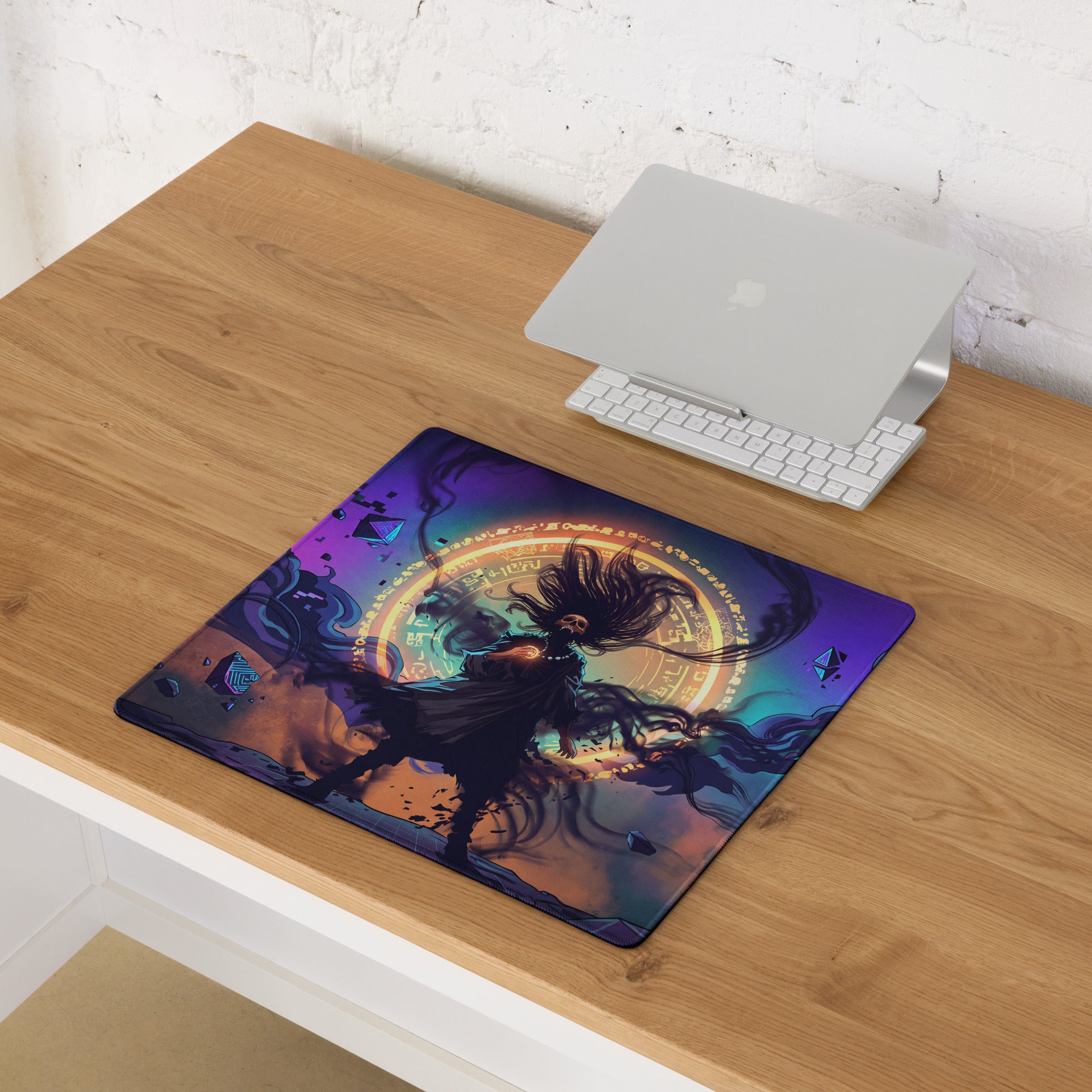 Vaporwave neon nightscape gaming mousepad with vibrant purple blue cosmic fantasy design and dark-haired figure illustration
