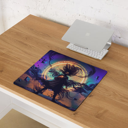 Vaporwave neon nightscape gaming mousepad with vibrant purple blue cosmic fantasy design and dark-haired figure illustration