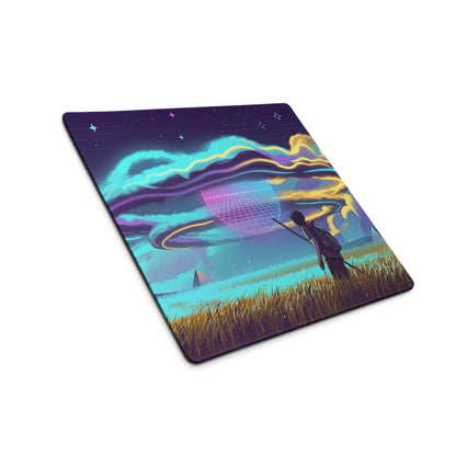 Vaporwave neon galaxy mouse pad with vibrant neon purple cyan sci-fi landscape and glowing cosmic energy design