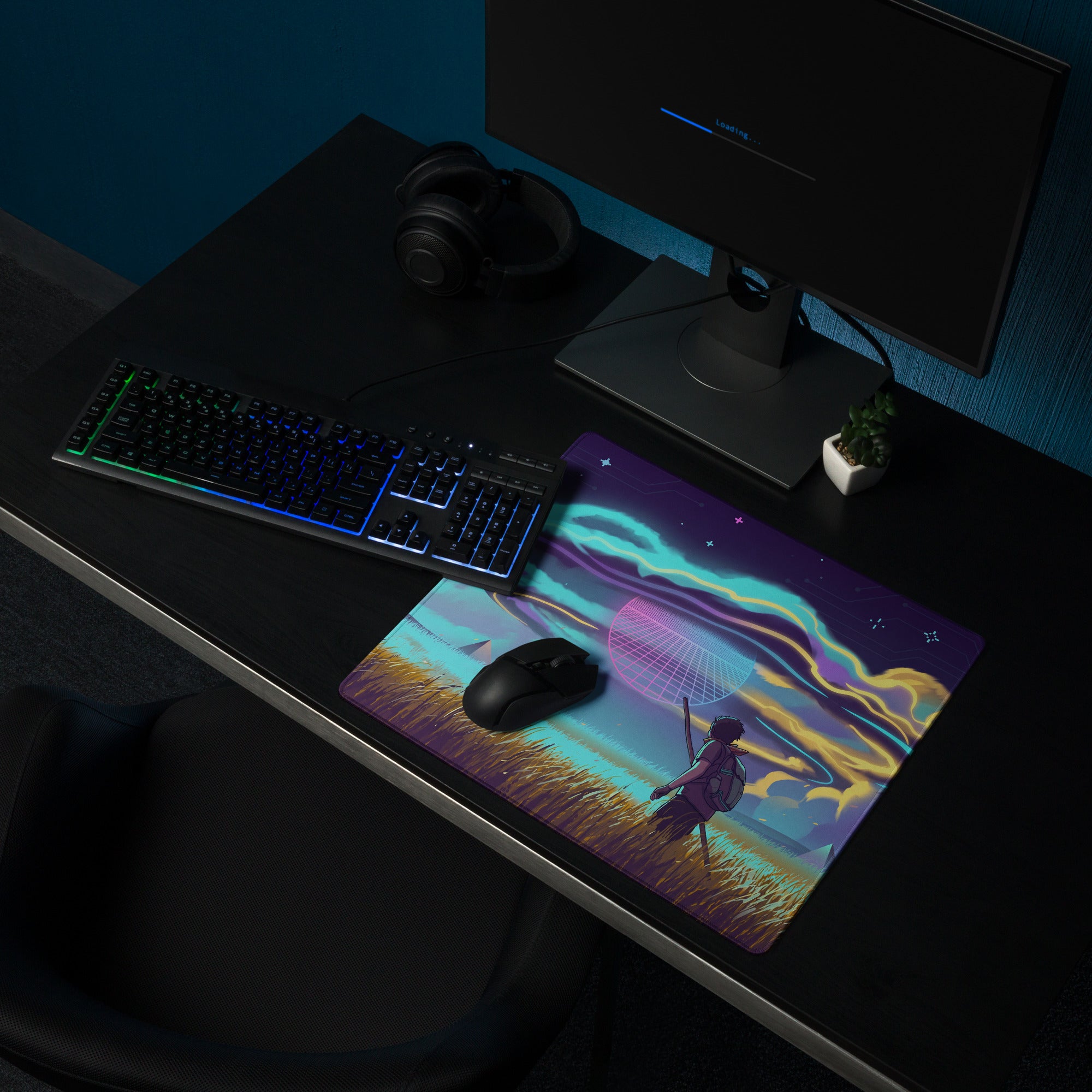 Vaporwave neon galaxy gaming mouse pad with vibrant anime fantasy art in purple cyan for retro futuristic desk setup