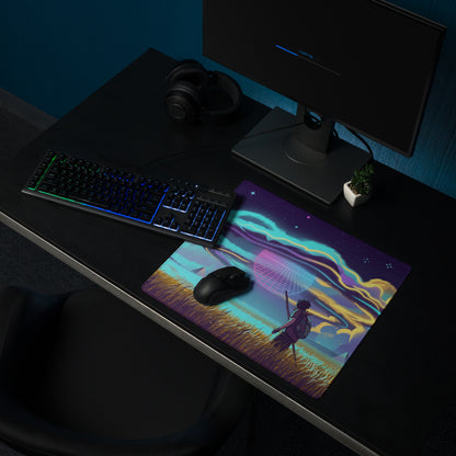 Vaporwave neon galaxy gaming mouse pad with vibrant anime fantasy art in purple cyan for retro futuristic desk setup