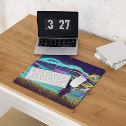 Vaporwave neon galaxy mouse pad with vibrant teal purple and gold cosmic auroras over a grassy field and lone figure
