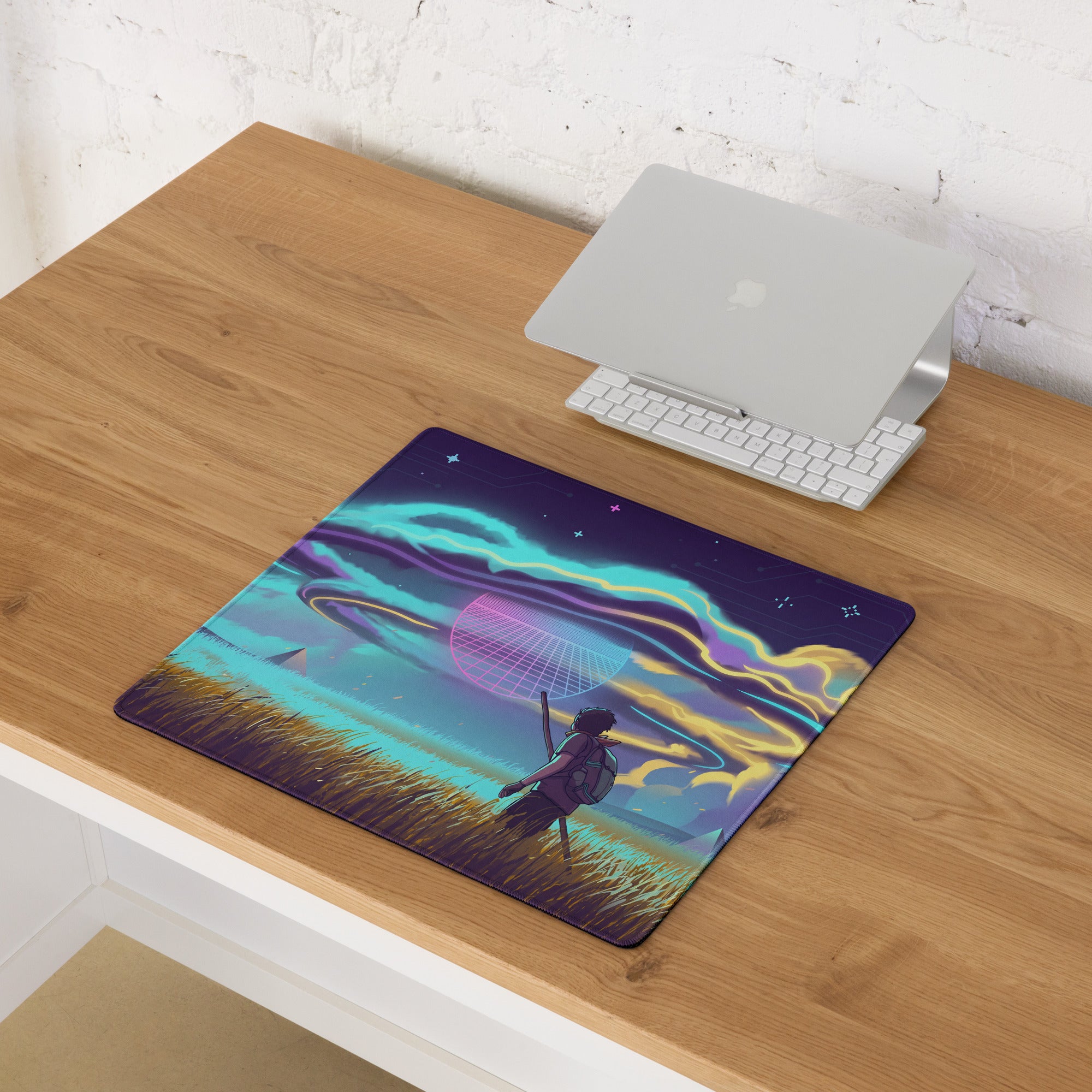 Vaporwave neon galaxy mouse pad featuring vibrant neon purple and cyan sci-fi landscape with lone figure under auroras