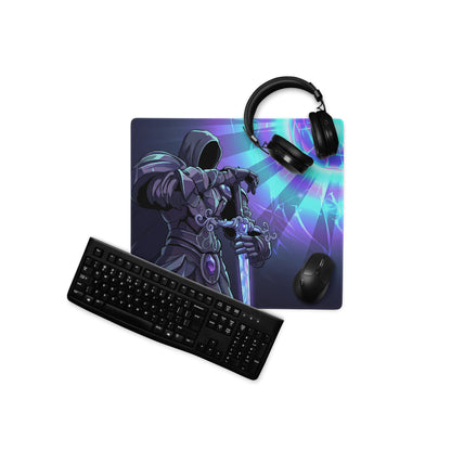 Vaporwave neon horizon mouse pad with dark purple and blue design featuring a hooded knight with glowing sword effects