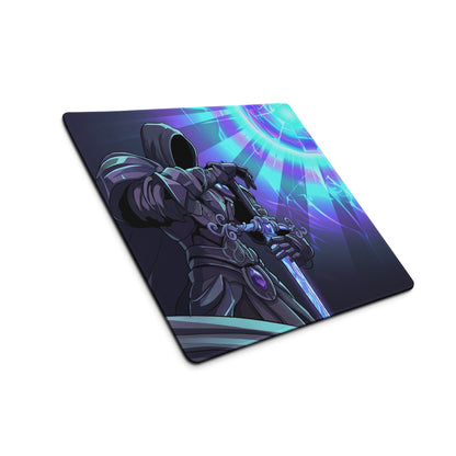 Dark-themed vaporwave neon horizon mouse pad with illustrated armored character holding glowing sword on purple blue backdrop
