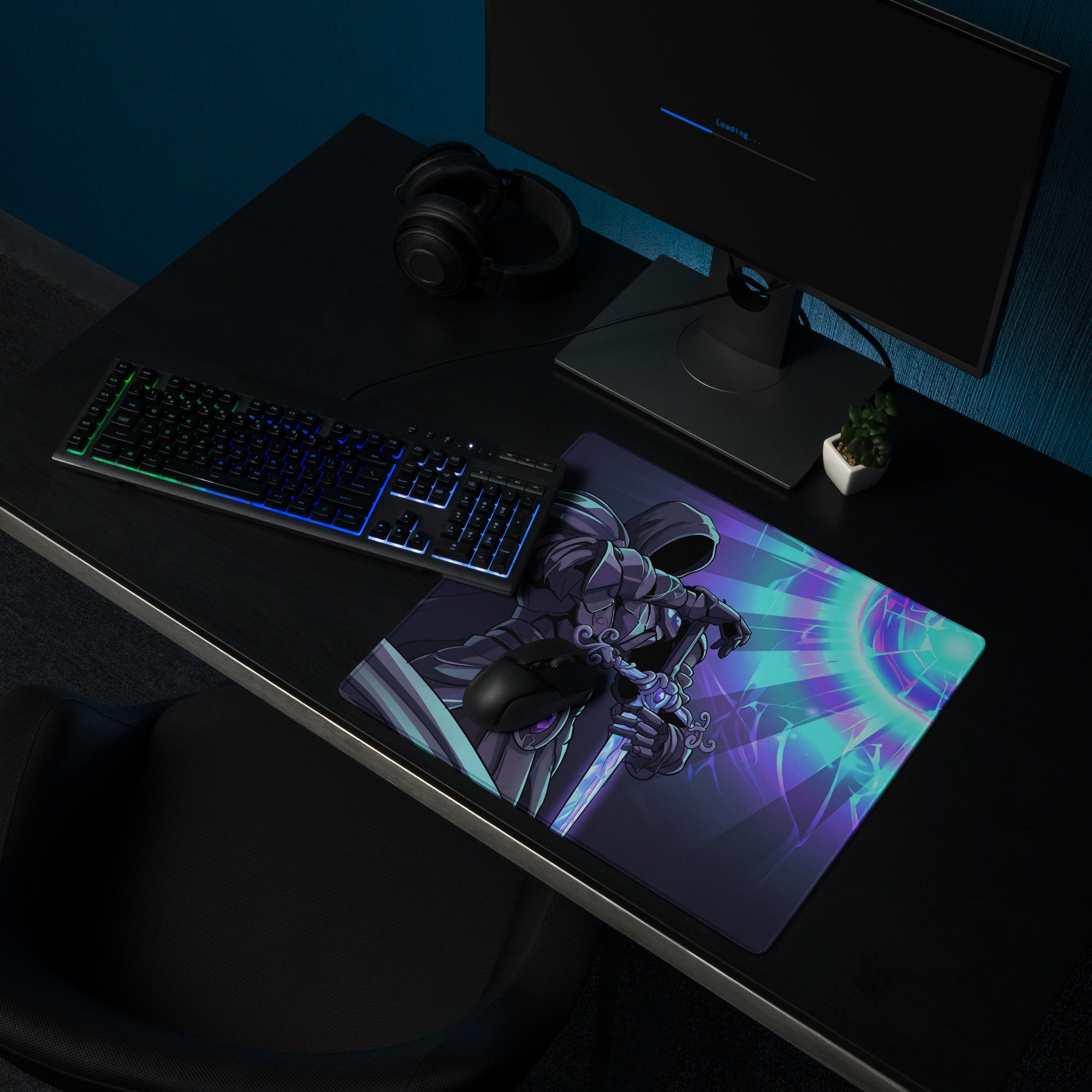 Vaporwave neon horizon gaming mousepad with vibrant hooded warrior and purple teal energy burst design