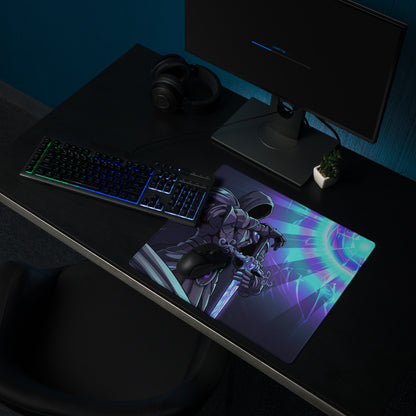 Vaporwave neon horizon gaming mousepad with vibrant hooded warrior and purple teal energy burst design