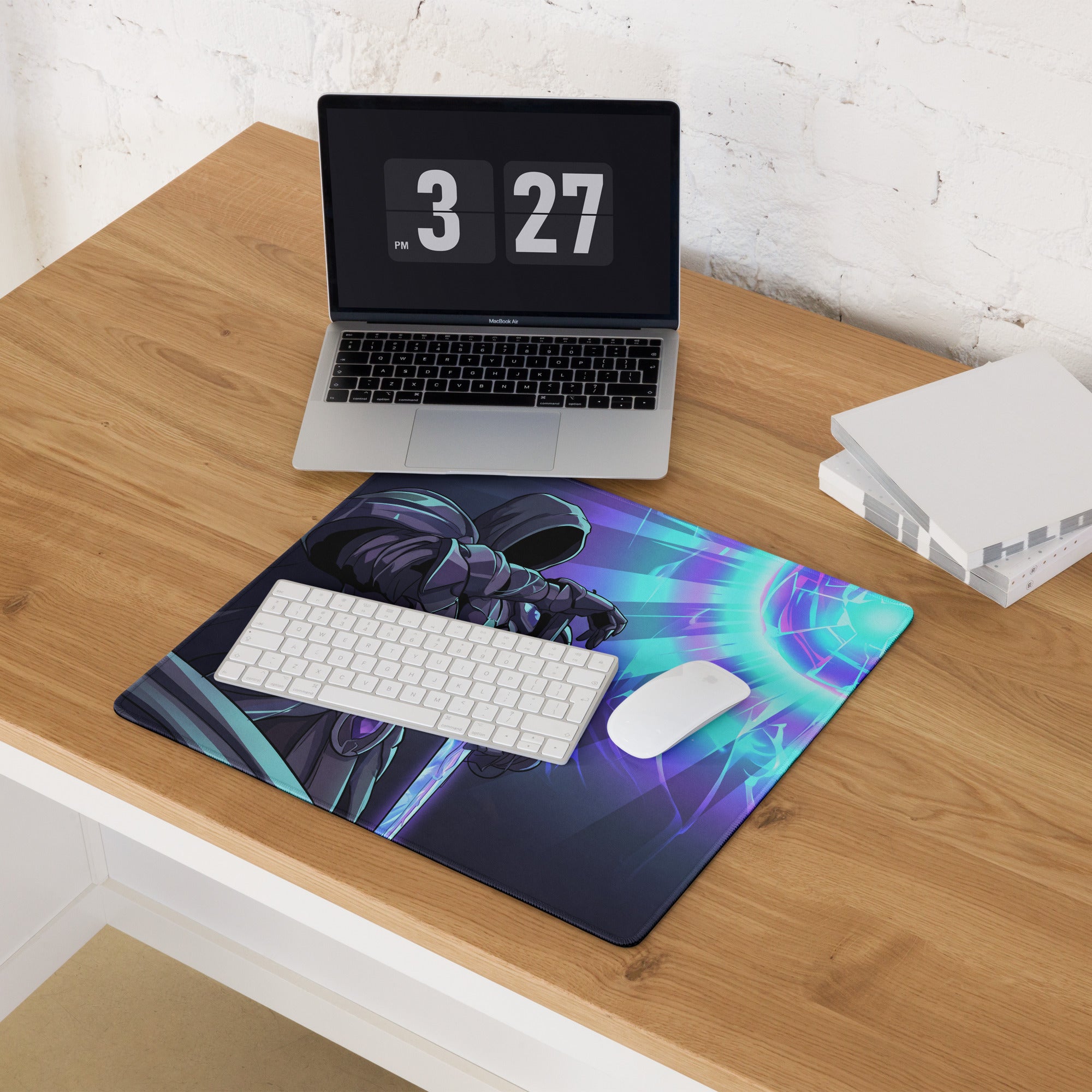 Vaporwave neon horizon mouse pad with vibrant cosmic hooded figure in dark armor against purple teal energy field