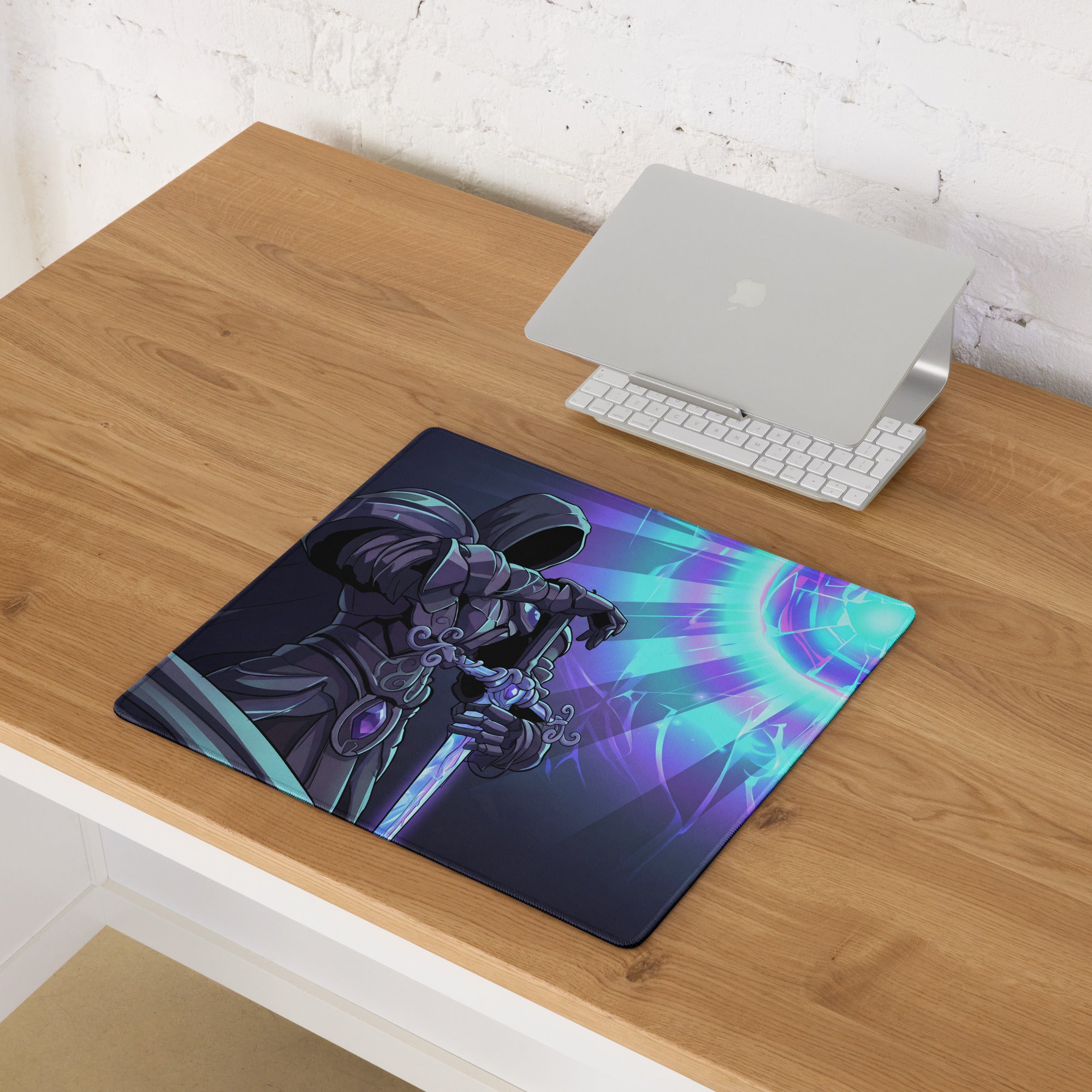 Dark blue vaporwave neon horizon mouse pad with hooded warrior illustration and purple teal energy burst background