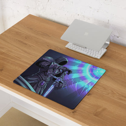 Dark blue vaporwave neon horizon mouse pad with hooded warrior illustration and purple teal energy burst background