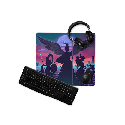 Vaporwave wings neon mousepad with winged silhouettes against a neon pink and teal sunset for gaming desks
