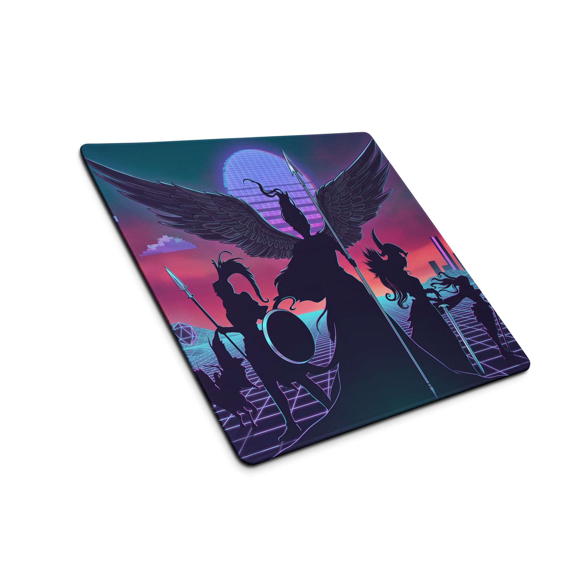 Vaporwave wings neon pad gaming mousepad with winged warrior silhouette on vibrant purple pink sunset backdrop