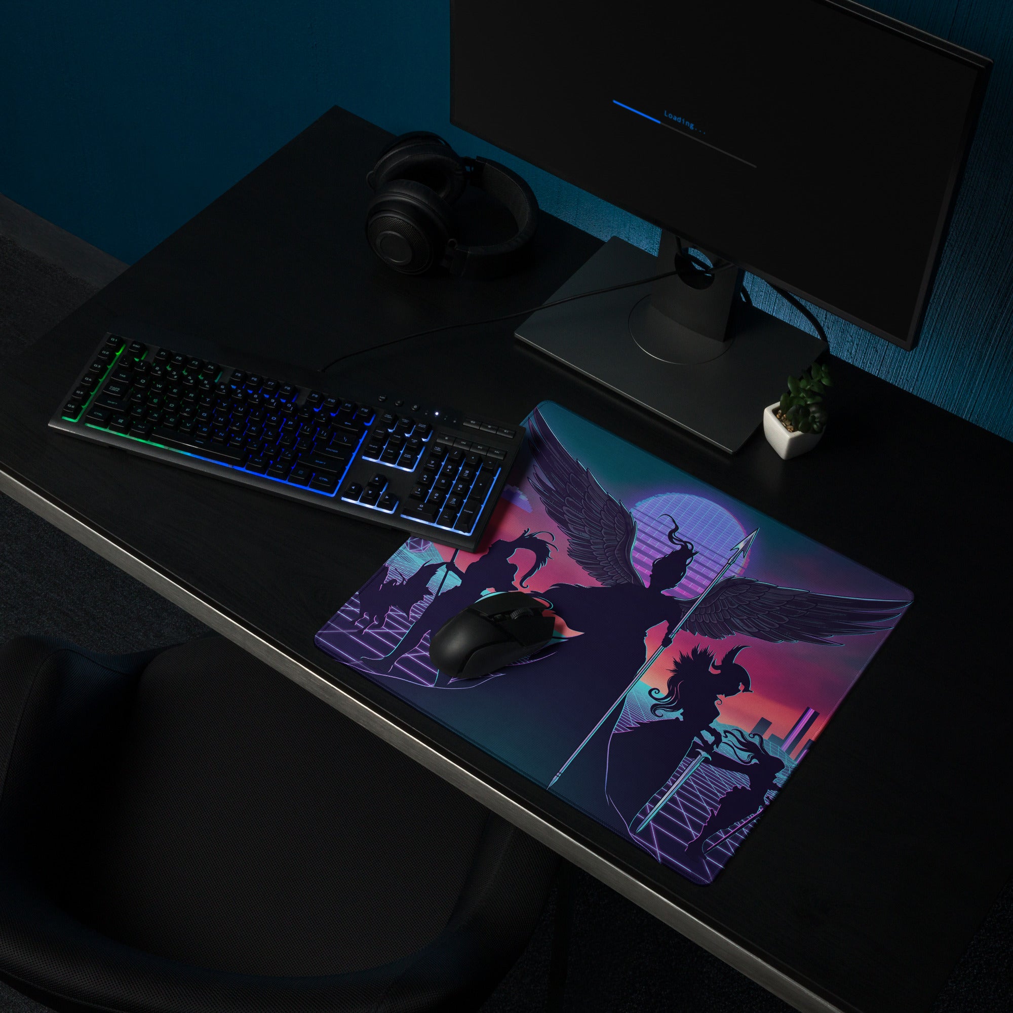 Navy blue and purple gradient vaporwave wings neon pad gaming mousepad with stylized winged figure design