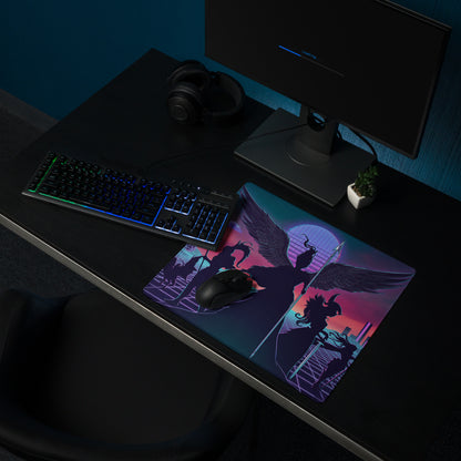 Navy blue and purple gradient vaporwave wings neon pad gaming mousepad with stylized winged figure design