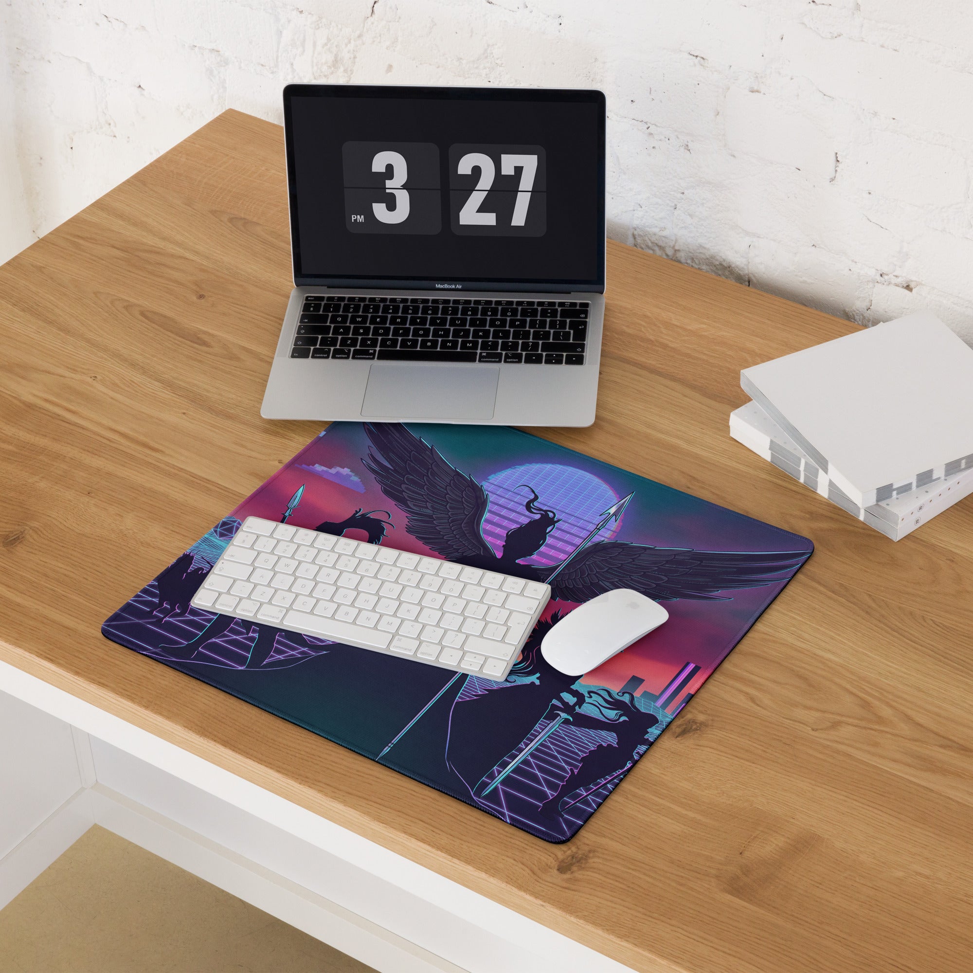 Vibrant purple and teal vaporwave wings neon pad mouse pad with winged figure on neon cityscape for desktop use