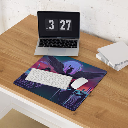 Vibrant purple and teal vaporwave wings neon pad mouse pad with winged figure on neon cityscape for desktop use