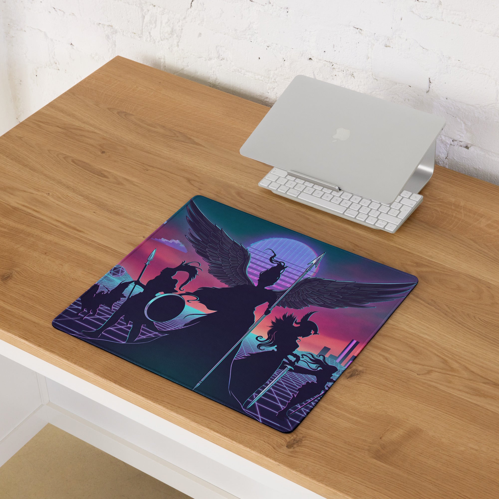 A rectangular gaming mousepad with a vibrant retro-futuristic design featuring winged warriors in neon purple and blue