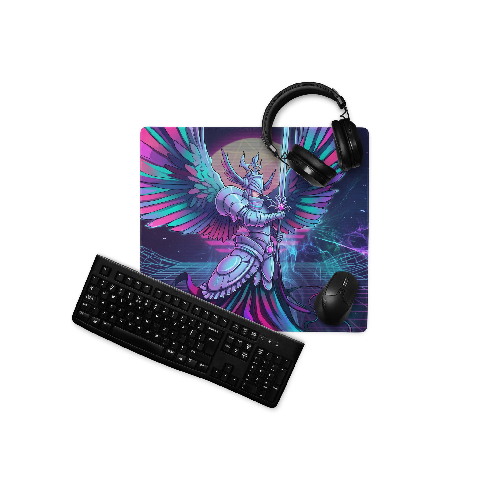 Vaporwave wings gaming mouse pad with vibrant neon pink and teal winged knight design and glossy finish for esports use
