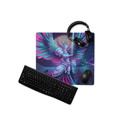 Vaporwave wings gaming mouse pad with vibrant neon pink and teal winged knight design and glossy finish for esports use