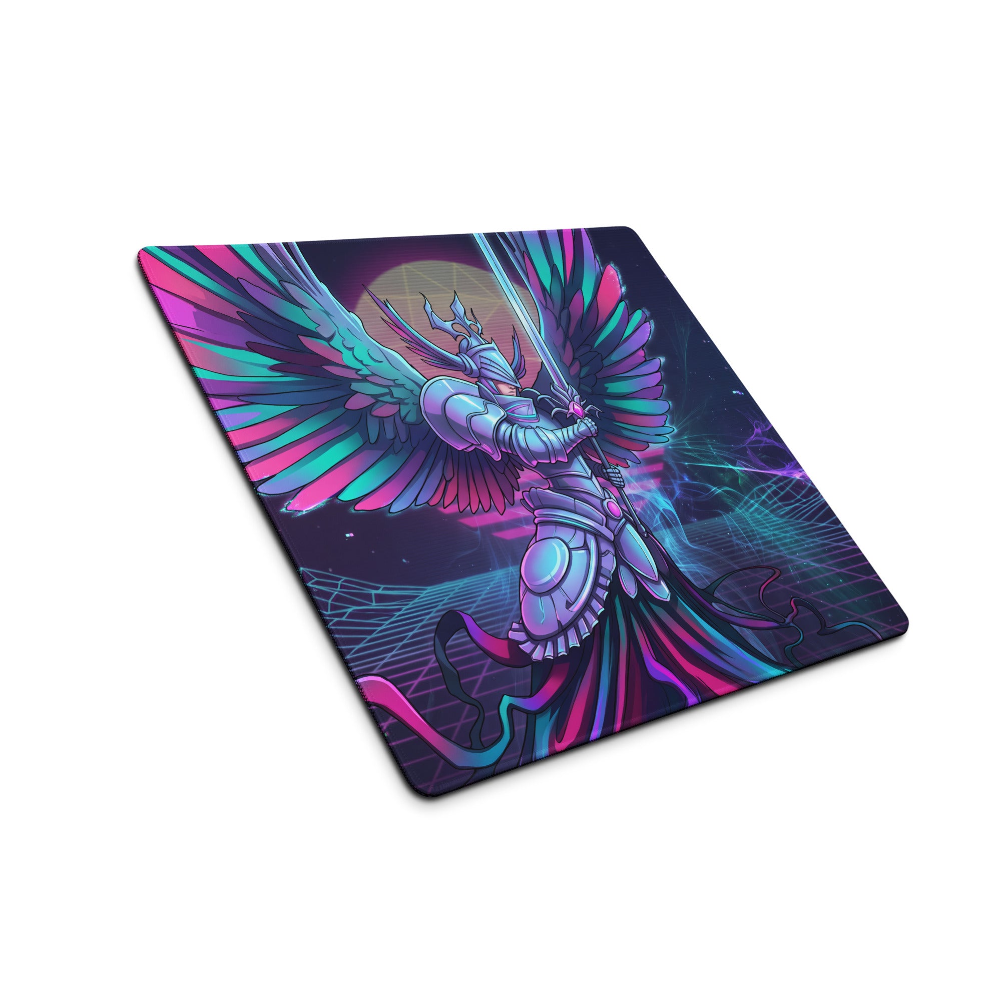 Vibrant neon pink and teal winged knight gaming mouse pad with futuristic vaporwave design for esports desks