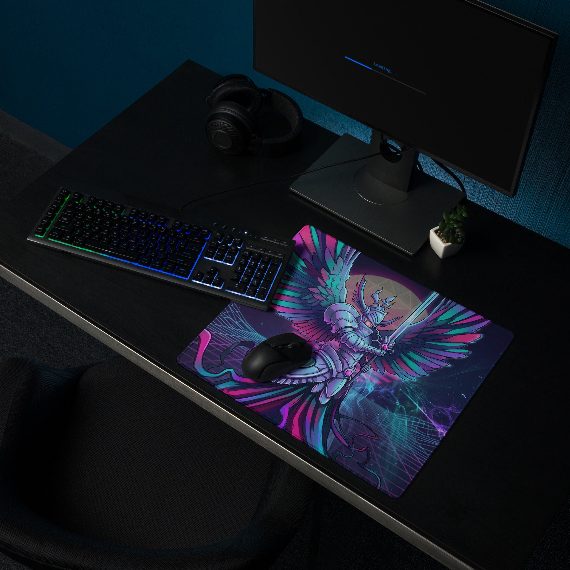 Vaporwave wings gaming mouse pad with vibrant neon pink and teal winged knight design on glossy surface for esports use